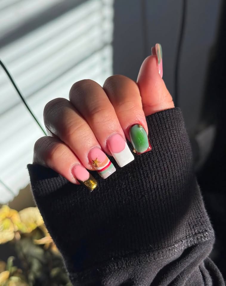 Pink green white and gold nail set